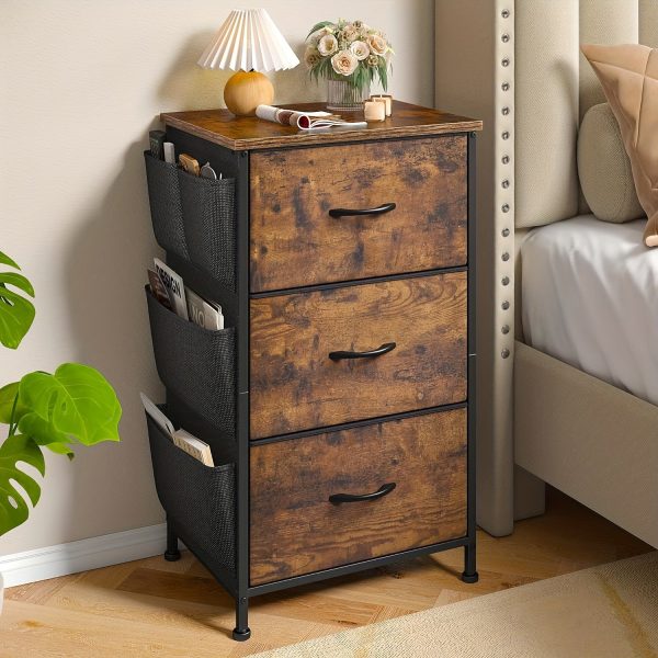 Nightstand Set of 2, Night Stand with 3 Drawers for Bedroom, Bedside Table with Wooden Top, Sturdy Steel Frame End Table, Small Dresser for Bedroom, Living Room, Rustic Brown