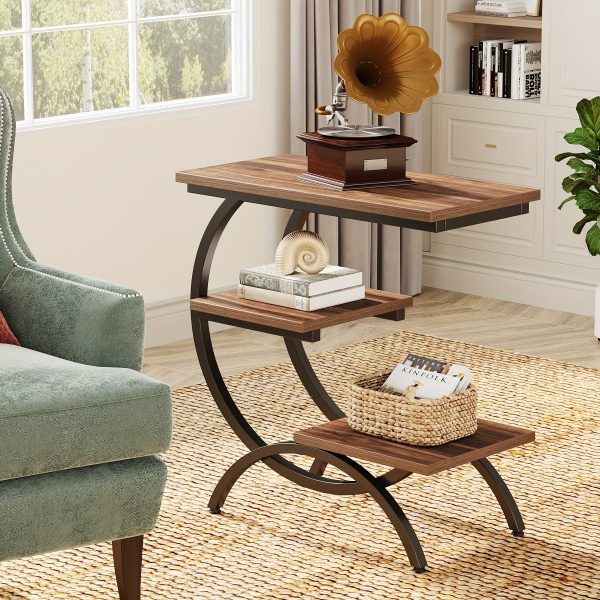 LITTLE TREE C-Shaped End Table, 3-Tier Small Side Table for Couch, Bedside Table Snack Side Table with Storage Shelves for Living Room Small Space