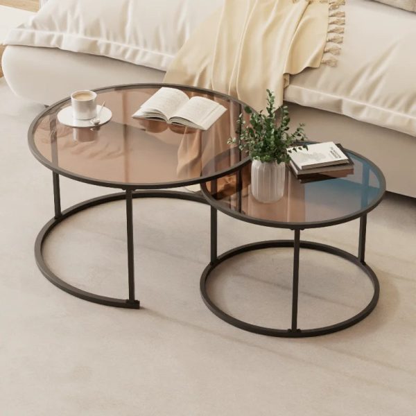 2pcs/set Light Luxury Round Nesting Table Tea Coffee End Tables Glass Sofa Side Table Desk for Living Room Balcony Home Office
