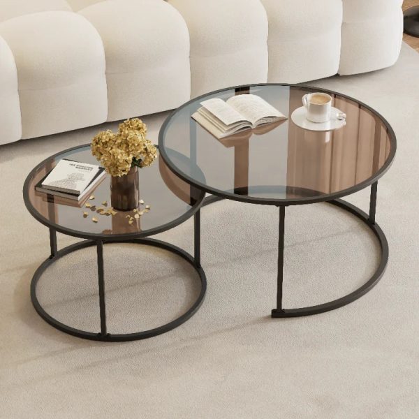2pcs/set Light Luxury Round Nesting Table Tea Coffee End Tables Glass Sofa Side Table Desk for Living Room Balcony Home Office
