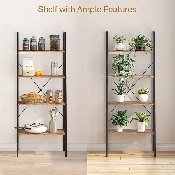 4-Tier Ladder Bookshelf, Industrial Ladder Bookcase, Plant Shelf, Storage Shelf Organizer with Metal Frame for Living Room, Home