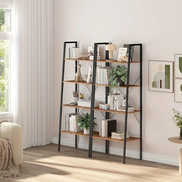 4-Tier Ladder Bookshelf, Industrial Ladder Bookcase, Plant Shelf, Storage Shelf Organizer with Metal Frame for Living Room, Home