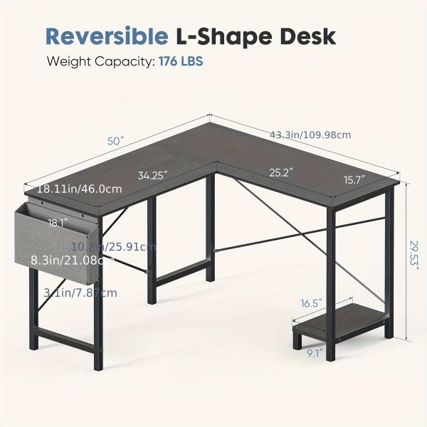 L Shaped Computer Desk - Gaming Table Corner Desk 50 Inch PC Writing Black Desk Study Desks with Wooden Desktop CPU Stand Side Bag Reversible for Home Office Dorm Small Space