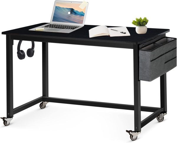 Rolling Computer Desk with 4 Smooth Wheels, Simple Style Mobile Writing Desk Home Office Study Table Movable Workstation with Metal Frame (Black, 32")