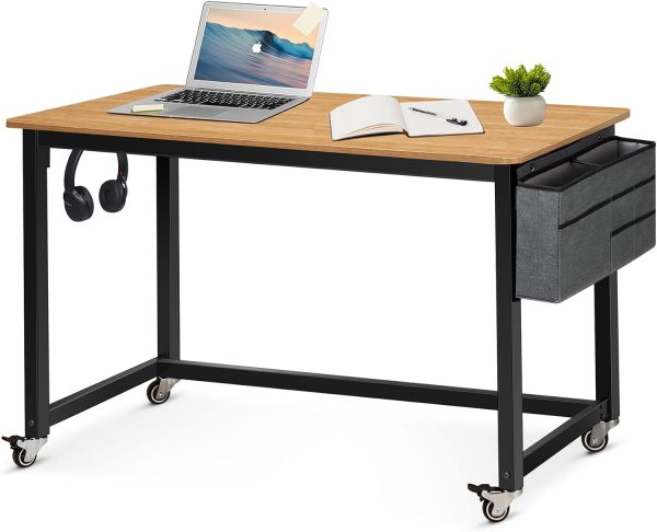 Rolling Computer Desk with 4 Smooth Wheels, Simple Style Mobile Writing Desk Home Office Study Table Movable Workstation with Metal Frame (Black, 32")