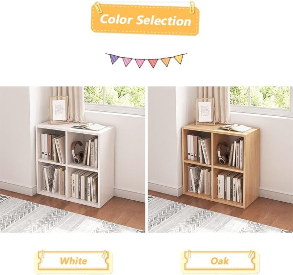 4 Cube Organizer Bookcase - Fabric Storage Bins Container, Open Shelf Simple Compartments Bookshelf, Oak