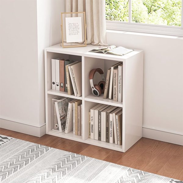4 Cube Organizer Bookcase - Fabric Storage Bins Container, Open Shelf Simple Compartments Bookshelf, Oak