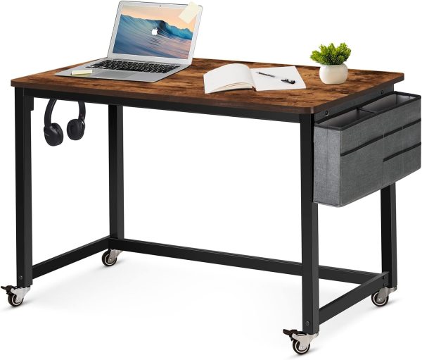 Rolling Computer Desk with 4 Smooth Wheels, Simple Style Mobile Writing Desk Home Office Study Table Movable Workstation with Metal Frame (Black, 32")