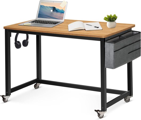 Rolling Computer Desk with 4 Smooth Wheels, Simple Style Mobile Writing Desk Home Office Study Table Movable Workstation with Metal Frame (Black, 32")