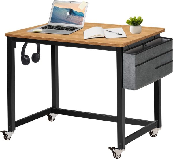Rolling Computer Desk with 4 Smooth Wheels, Simple Style Mobile Writing Desk Home Office Study Table Movable Workstation with Metal Frame (Black, 32")