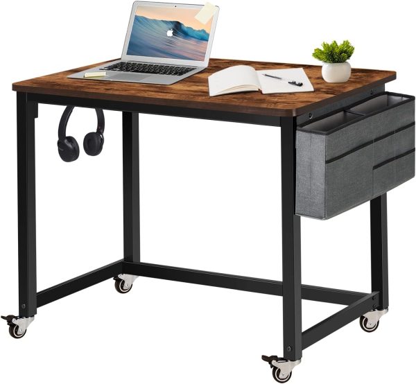 Rolling Computer Desk with 4 Smooth Wheels, Simple Style Mobile Writing Desk Home Office Study Table Movable Workstation with Metal Frame (Black, 32")