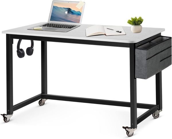 Rolling Computer Desk with 4 Smooth Wheels, Simple Style Mobile Writing Desk Home Office Study Table Movable Workstation with Metal Frame (Black, 32")