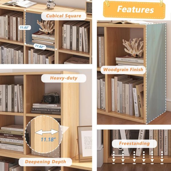 4 Cube Organizer Bookcase - Fabric Storage Bins Container, Open Shelf Simple Compartments Bookshelf, Oak