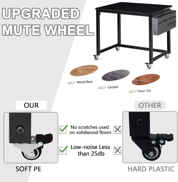 Rolling Computer Desk with 4 Smooth Wheels, Simple Style Mobile Writing Desk Home Office Study Table Movable Workstation with Metal Frame (Black, 32")