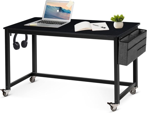 Rolling Computer Desk with 4 Smooth Wheels, Simple Style Mobile Writing Desk Home Office Study Table Movable Workstation with Metal Frame (Black, 32")