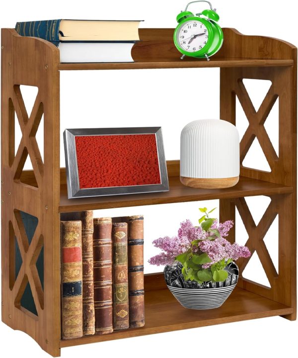 Natural Wood Bookcase, 3 Tier Bookshelf, Freestanding Display Storage Shelves Open Bookshelf for Bedroom, Living Room and Office (Standard, Brown)