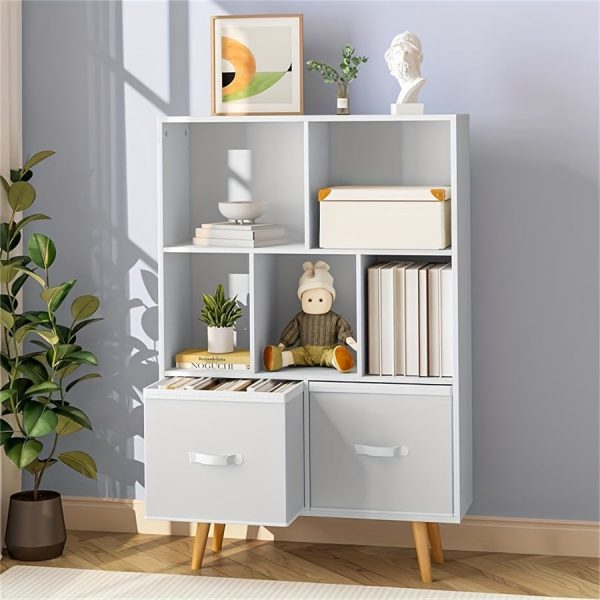 3-level wooden 7-cell bookcase, white minimalism, legged bookcase, open bookcase, nursery children's bookcase and toy storage, freestanding standing cubicle storage rack