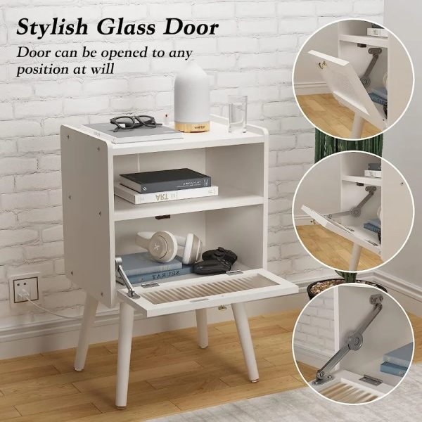 Mid Century Modern Nightstand with Charging Station, Bedside Tables with Glass Decorative Door, End Table Side Table