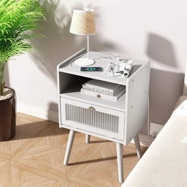 Mid Century Modern Nightstand with Charging Station, Bedside Tables with Glass Decorative Door, End Table Side Table