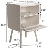 Mid Century Modern Nightstand with Charging Station, Bedside Tables with Glass Decorative Door, End Table Side Table