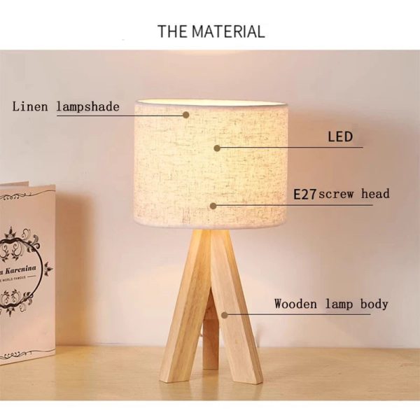 Nordic Wood Table Lamp Bedside Eye Protection Desk Lamp E27 Log Fabric Beige Lampshade LED Bedroom Study Room Decor Home Fixture