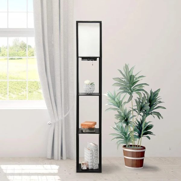 Simple Designs LF1037-BLK Floor Lamp Etagere Organizer Storage Shelf with 2 USB Charging Ports, 1 Charging Outlet and Linen
