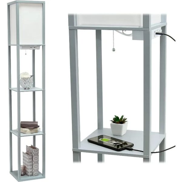 Simple Designs LF1037-BLK Floor Lamp Etagere Organizer Storage Shelf with 2 USB Charging Ports, 1 Charging Outlet and Linen