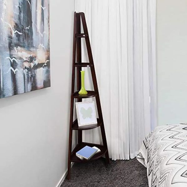 Solid Pine Espresso Corner Ladder 5-Shelf Bookcase Durable Wood Construction Maximizes Storage 16"x16"x72" Bedroom & Study Room