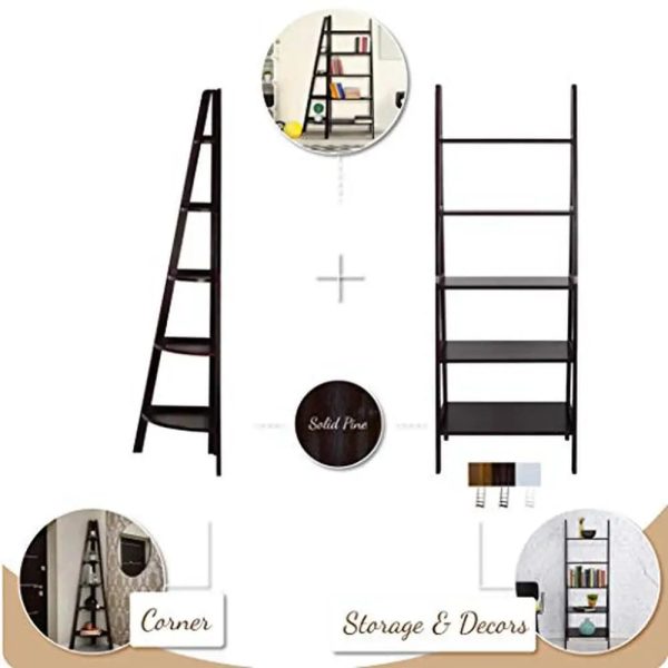 Solid Pine Espresso Corner Ladder 5-Shelf Bookcase Durable Wood Construction Maximizes Storage 16"x16"x72" Bedroom & Study Room