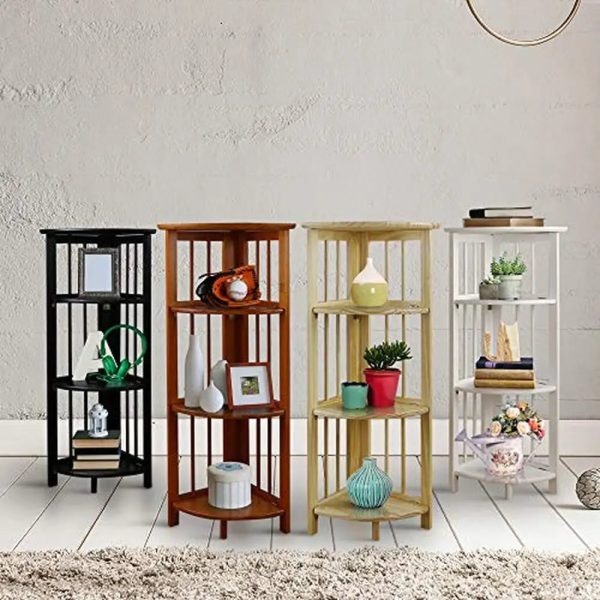 Space-saving Black Corner Bookcase Foldable 4-Tier Wood Shelf Office Living Room Decor