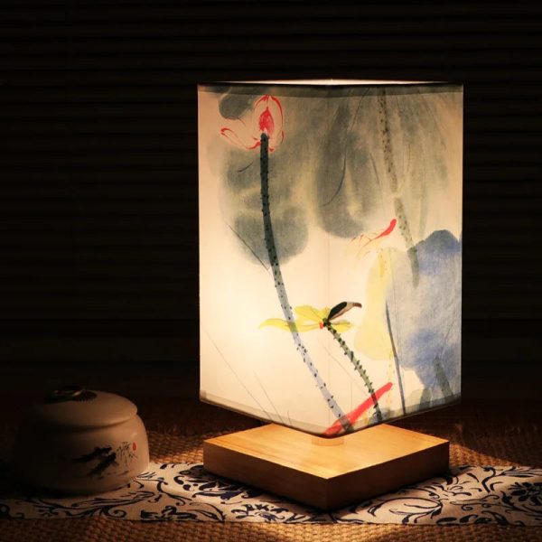 Vintage Chinese Style Wooden Table Lamp Retro Landscape Painting Desk Lamp Lights for Room Decoration Personality Beside Lamp