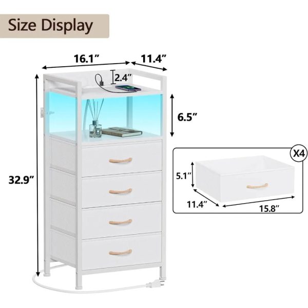 White Dresser with 4 Storage Drawer, Tall Dresser for Bedroom with Led Light and Charging Station, Nightstand Side Table