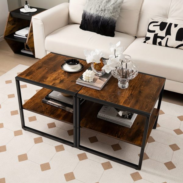 2pcs 2-Tier End Side Sofa Coffee Table, 20" Square Table For Living Room, Bedroom