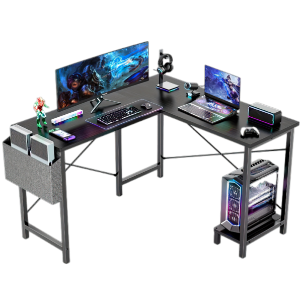 L Shaped Computer Desk - Gaming Table Corner Desk 50 Inch PC Writing Black Desk Study Desks with Wooden Desktop CPU Stand Side Bag Reversible for Home Office Dorm Small Space
