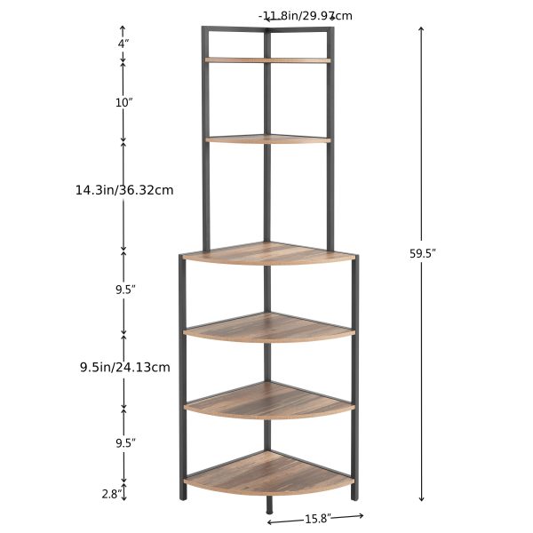 6-Tier Corner Open Shelf Modern Bookcase Wood Rack Freestanding Shelving Unit Plant Album Trinket Sturdy Stand Small Bookshelf Space-Saving for Living Room Home Office Kitchen Small Space Rustic Brown