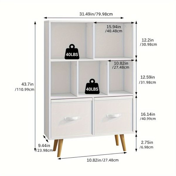 3-level wooden 7-cell bookcase, white minimalism, legged bookcase, open bookcase, nursery children's bookcase and toy storage, freestanding standing cubicle storage rack