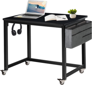 Rolling Computer Desk with 4 Smooth Wheels, Simple Style Mobile Writing Desk Home Office Study Table Movable Workstation with Metal Frame (Black, 32")