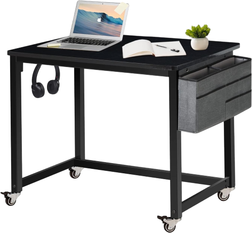 Rolling Computer Desk with 4 Smooth Wheels, Simple Style Mobile Writing Desk Home Office Study Table Movable Workstation with Metal Frame (Black, 32")