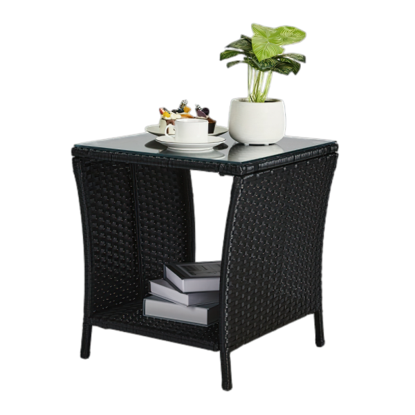 "A black four-line rattan double-layered side table with glass top, suitable for small living rooms in households