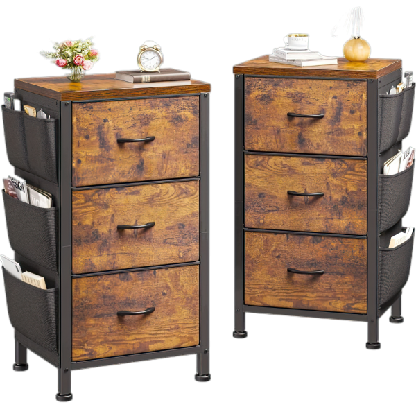 Nightstand Set of 2, Night Stand with 3 Drawers for Bedroom, Bedside Table with Wooden Top, Sturdy Steel Frame End Table, Small Dresser for Bedroom, Living Room, Rustic Brown