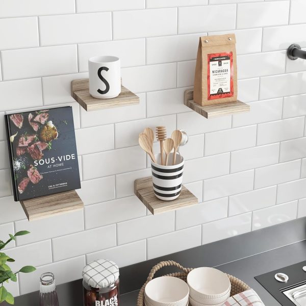Fixwal Floating Shelves for Wall, Rustic Wood Small Wall Mounted Shelves for Bedroom, Living Room, Kitchen, Bathroom Decor, Set of 4, 5 x 5 Inches (Carbonized Black)