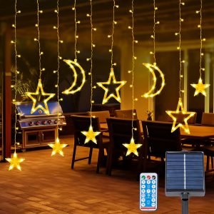 Solar Curtain Lights 138*LEDs, Star Moon Ramadan String Lights with 8 Lighting Mode, Timmer Setting, Ramadan Decorations, Waterproof Solar Powered Twinkle Hanging Fairy Lights for Outdoor